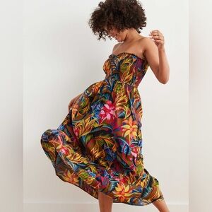 Aerie Tropical Floral Smocked Strapless Ruffle Midi Dress